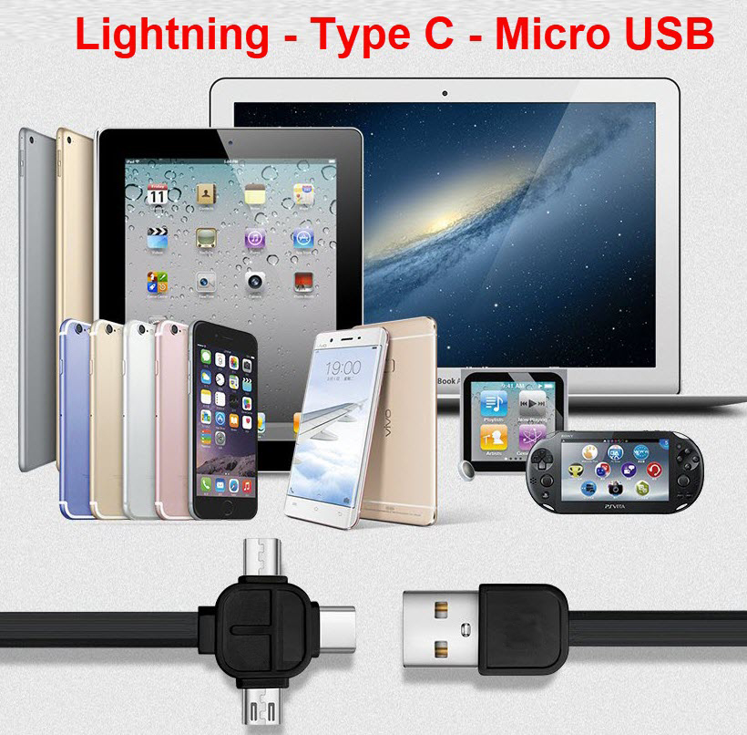 Cáp Sạc Đa Năng Xoay 3 Đầu Lightning - Micro USB- Type C Dây Dài 1M - Màu Giao Ngẫu Nhiên