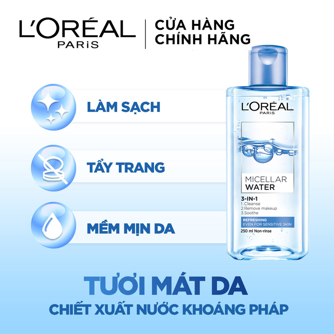 Nước Tẩy Trang Làm Sạch, Dưỡng Ẩm Cho Mọi Loại Da L'Oreal 3-in-1 Micellar Water 