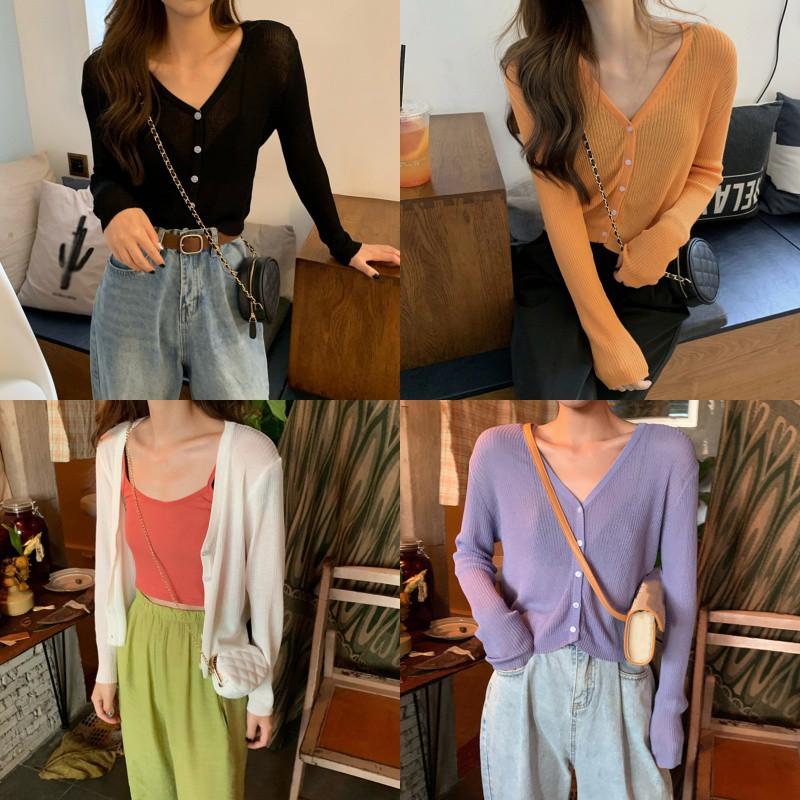 Áo Khoác Cardigan Dệt Kim Mỏng Tay Dài Cổ Chữ V Thiết Kế Đơn Giản Cho Nữ