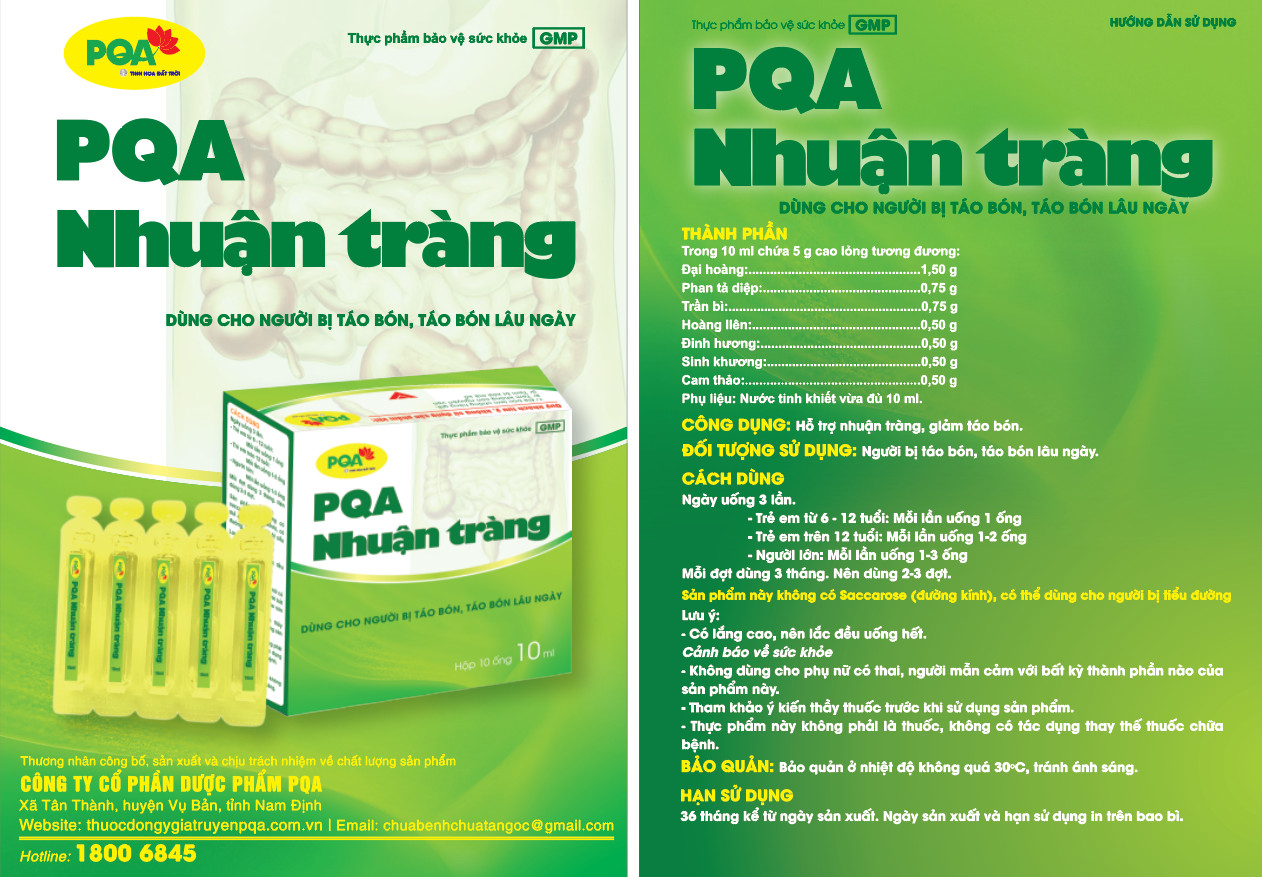 PQA Nhuận Tràng dạng ống là dược phẩm thảo dược có tác dụng nhuận tràng dùng cho người lớn và trẻ em trên 6 tuổi bị táo bón, táo bón lâu ngày.