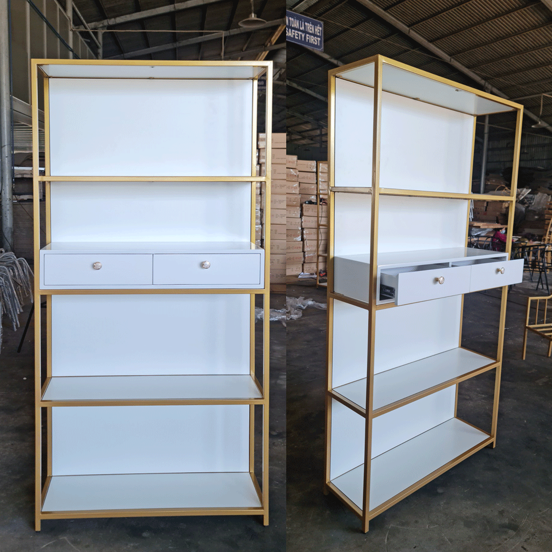Kệ trưng bày trang trí 2 ngăn kéo trắng IBIE AK020 mặt gỗ, khung sắt sơn tĩnh điện, tùy chọn kích thước, màu sắc