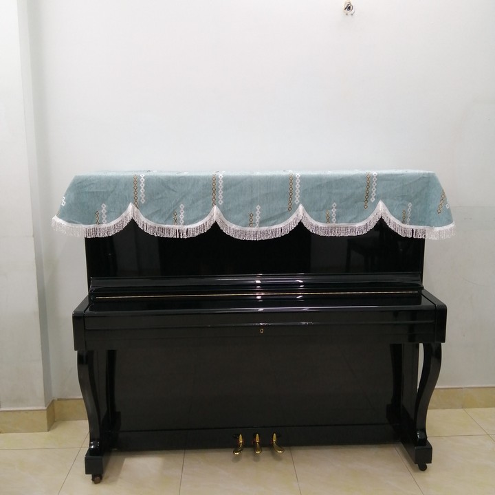 KHĂN PHỦ ĐÀN PIANO CƠ MÀU XANH VẢI DÀY MỀM MỊN PHỐI TUA RUA HỌA TIẾT HÌNH THOI