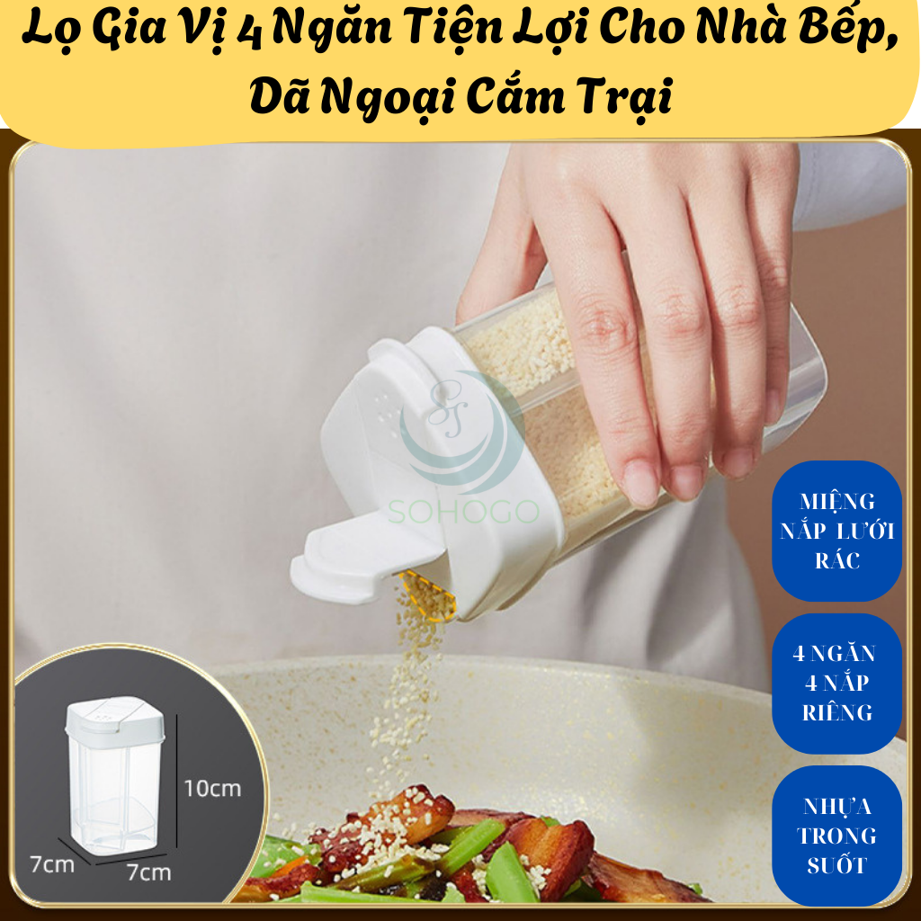 Hộp đựng gia vị 4 ngăn 8.5x6.5x6.5 cm Lọ Gia Vị 4 Ngăn Tiện Lợi Cho Nhà Bếp, Dã Ngoại Cắm Trại
