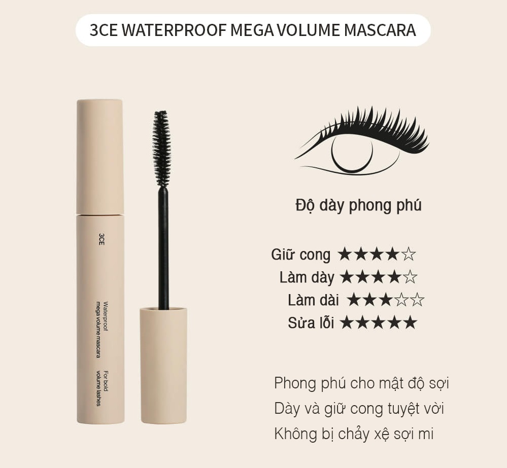 Mascara 3CE WATERPROOF MEGA VOLUME MASCARA #BLACK Chống Thấm Nước, Lâu Trôi, Làm Dày Mi Tự Nhiên 7.5G