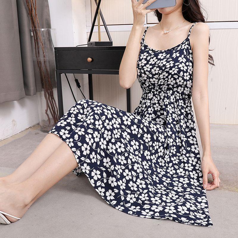 DONGSHOP Mùa hè 2023 Hàn Quốc phiên bản có thể điều chỉnh treo vest đầm mỏng mỏng trung bình dài hoa bãi biển váy