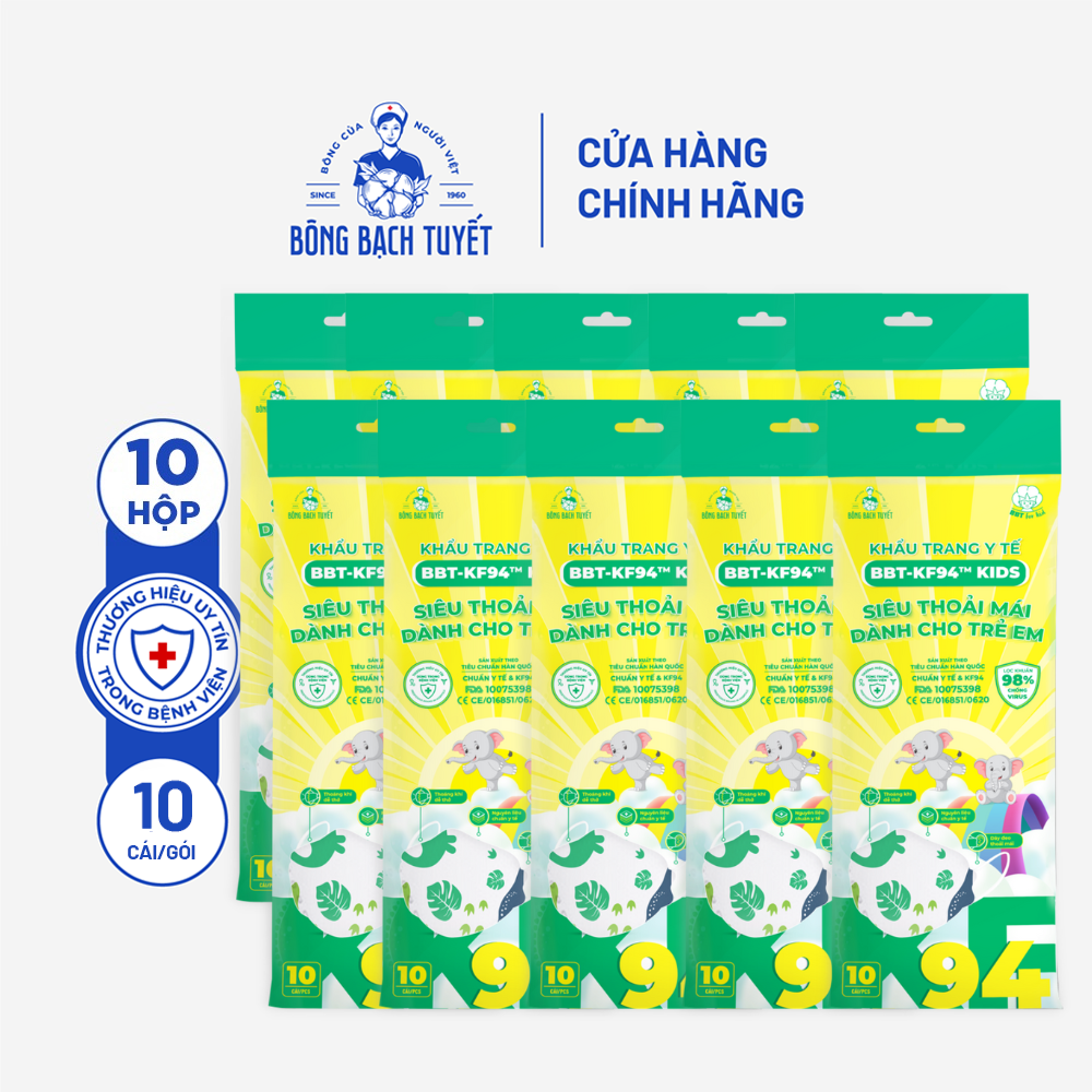 Combo 10 Gói Khẩu trang Bông Bạch Tuyết KF94 trẻ em (10 cái/gói) (Khủng long)