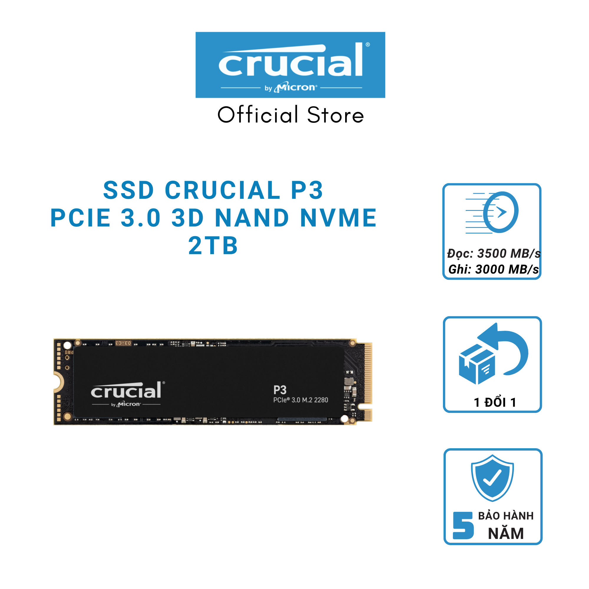 SSD CRUCIAL P3 Gen 3 NVMe 2TB - CT2000P3SSD8 - HÀNG CHÍNH HÃNG