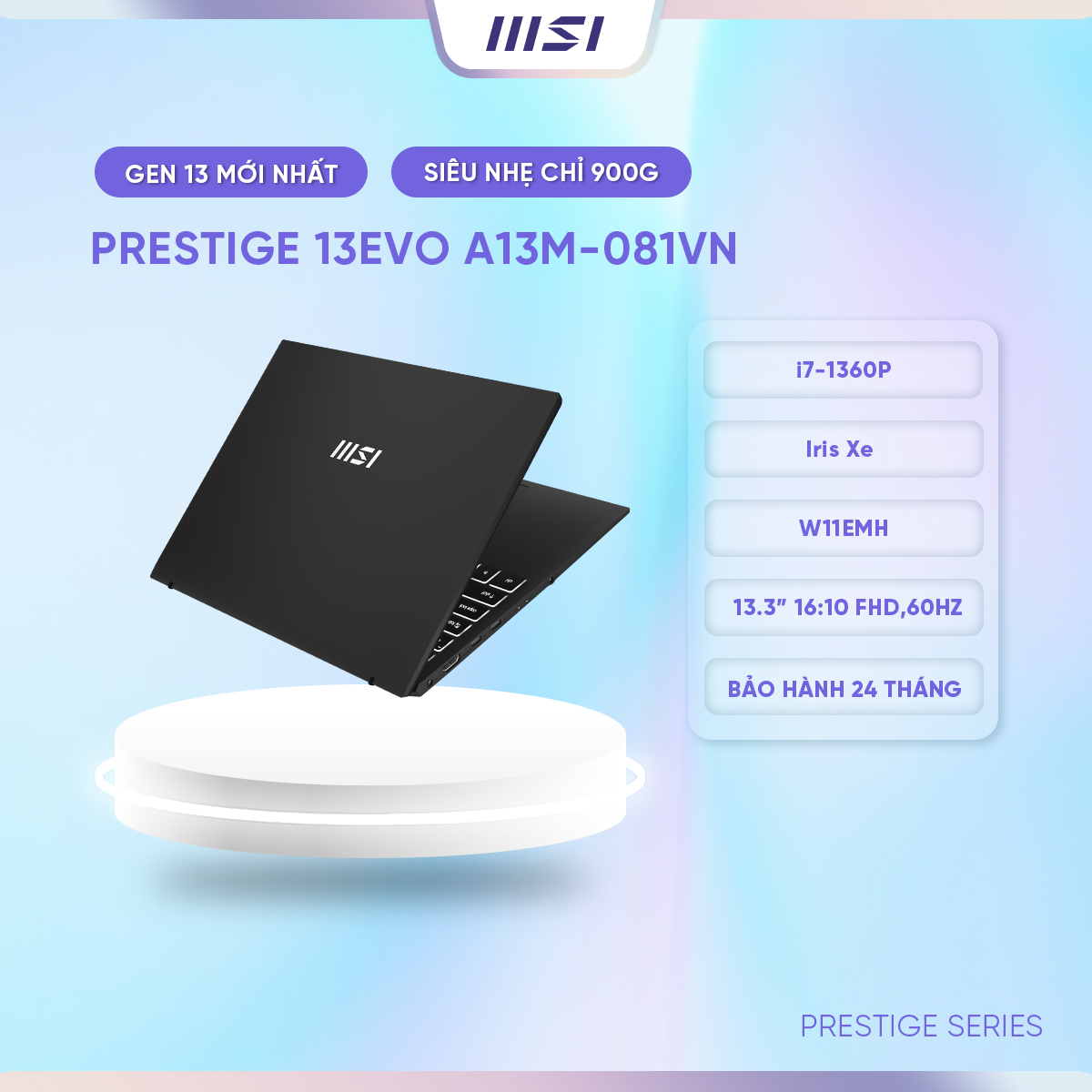 MSI Laptop Văn phòng Cao cấp Prestige 13Evo A13M-081VN|i7-1360P|Iris Xe|DDR5 16GB|1TB|13.3"WUXGA,60Hz, 100%