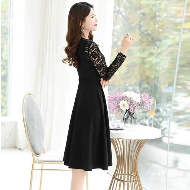 Đầm váy nữ trung niên dự tiệc dạo phố dài tay phối ren màu đen đỏ lịch lãm