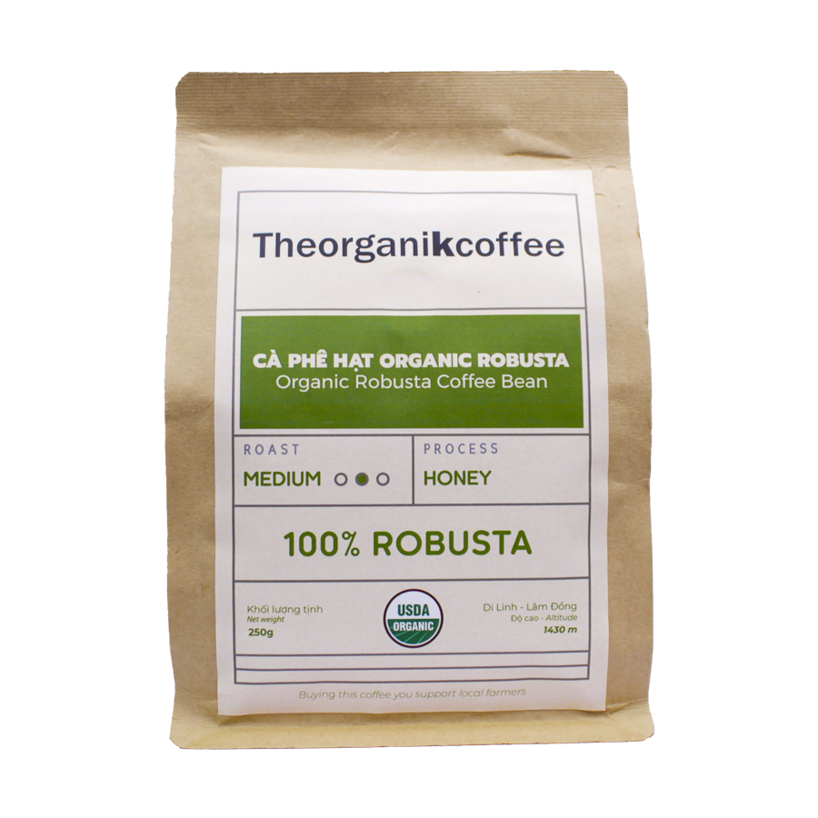 Cà phê Robusta hữu cơ rang mộc - dạng hạt 250g