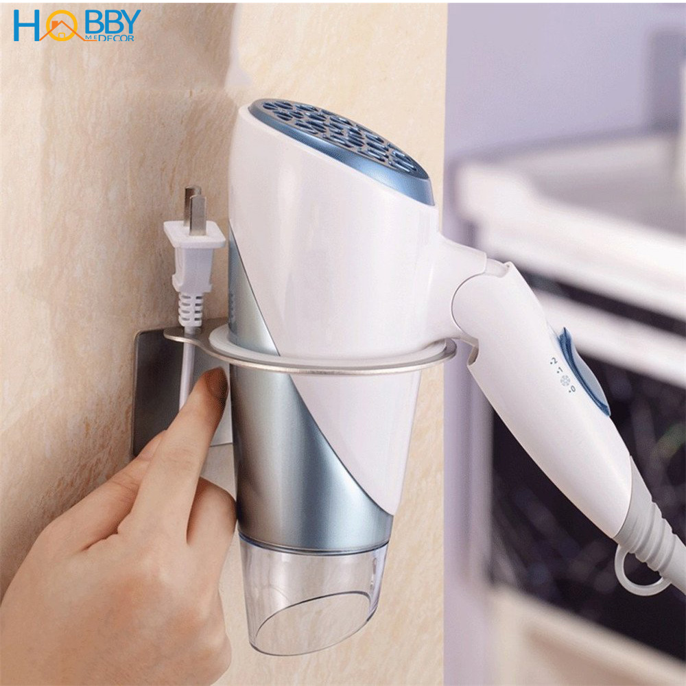 Giá treo máy sấy tóc Inox 304 HOBBY Home Decor MS2 dán tường hoặc khoan - kèm keo dán 3M siêu dính và đinh ốc