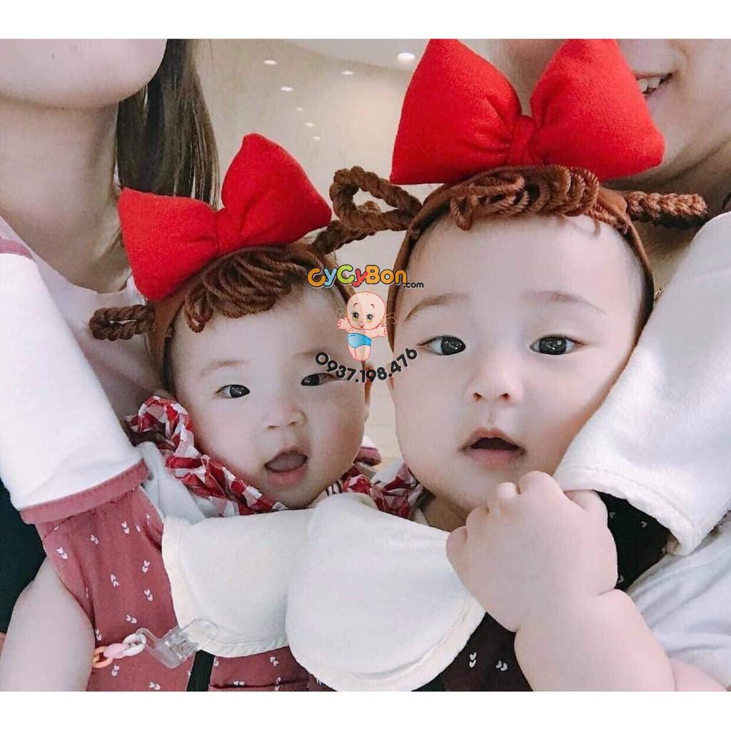 Băng Đô Chất Thun Đính Nơ Đỏ Cam Kèm Tóc Giả Len Thắt Bính   Cho Bé Gái