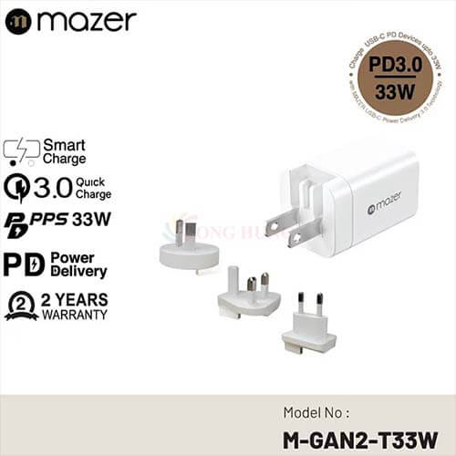 Cốc sạc Mazer Infinite.Boost SuperMINI Pro 33W 1 Type-C 1 USB M-GAN2-T33W(US) - Hàng chính hãng