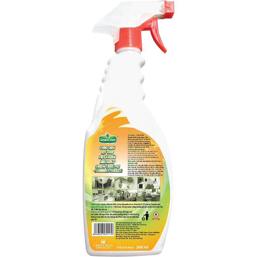 Xịt Khử Khuẩn Vật Dụng Green Gross A2 Hương Summer Breeze Chai 500ML