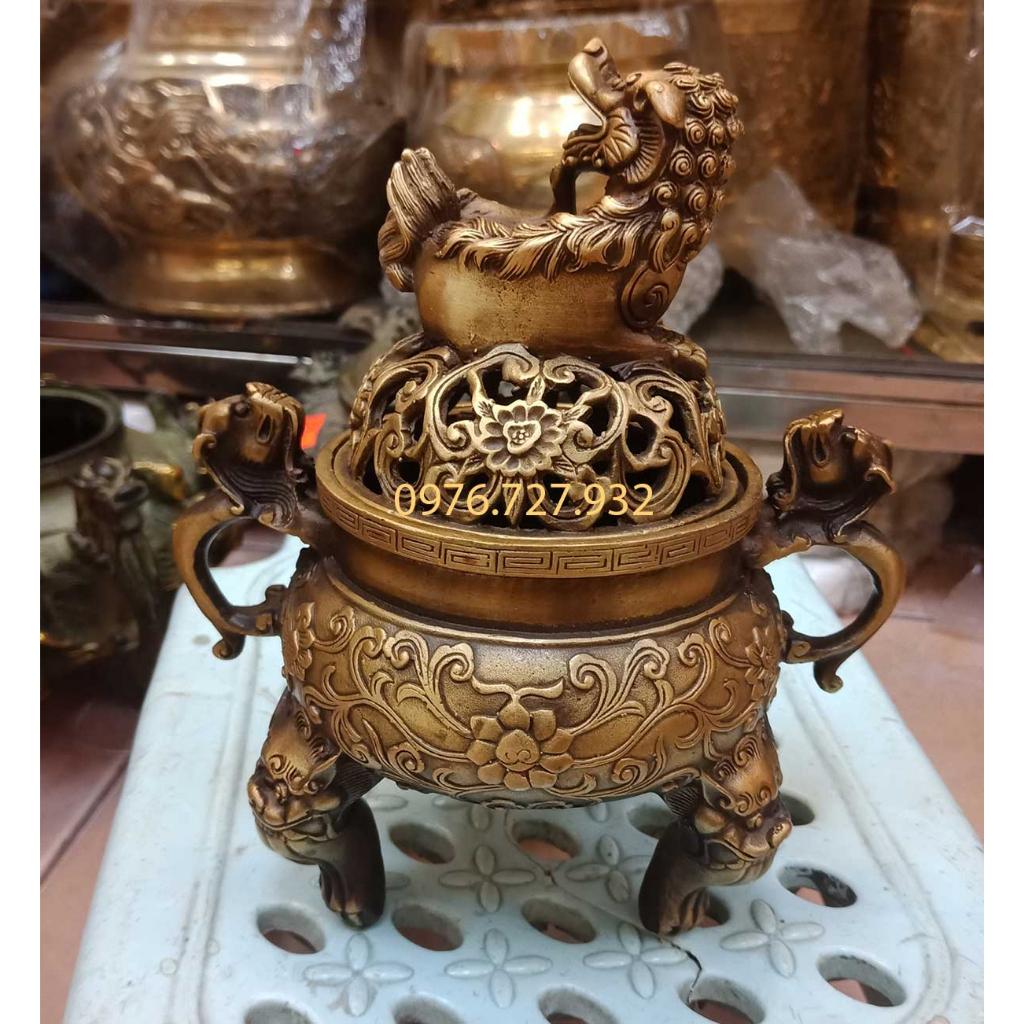 Xông trầm nắp nghê bằng đồng, đỉnh đốt trầm hương bằng đồng cao 17cm
