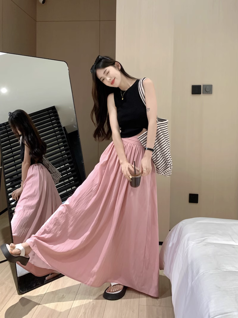 SHUANGYAN Váy cao eo nửa người kiểu Pháp, váy lê mùa hè, dáng người lớn, dịu dàng, gầy gò, váy chữ A dài.