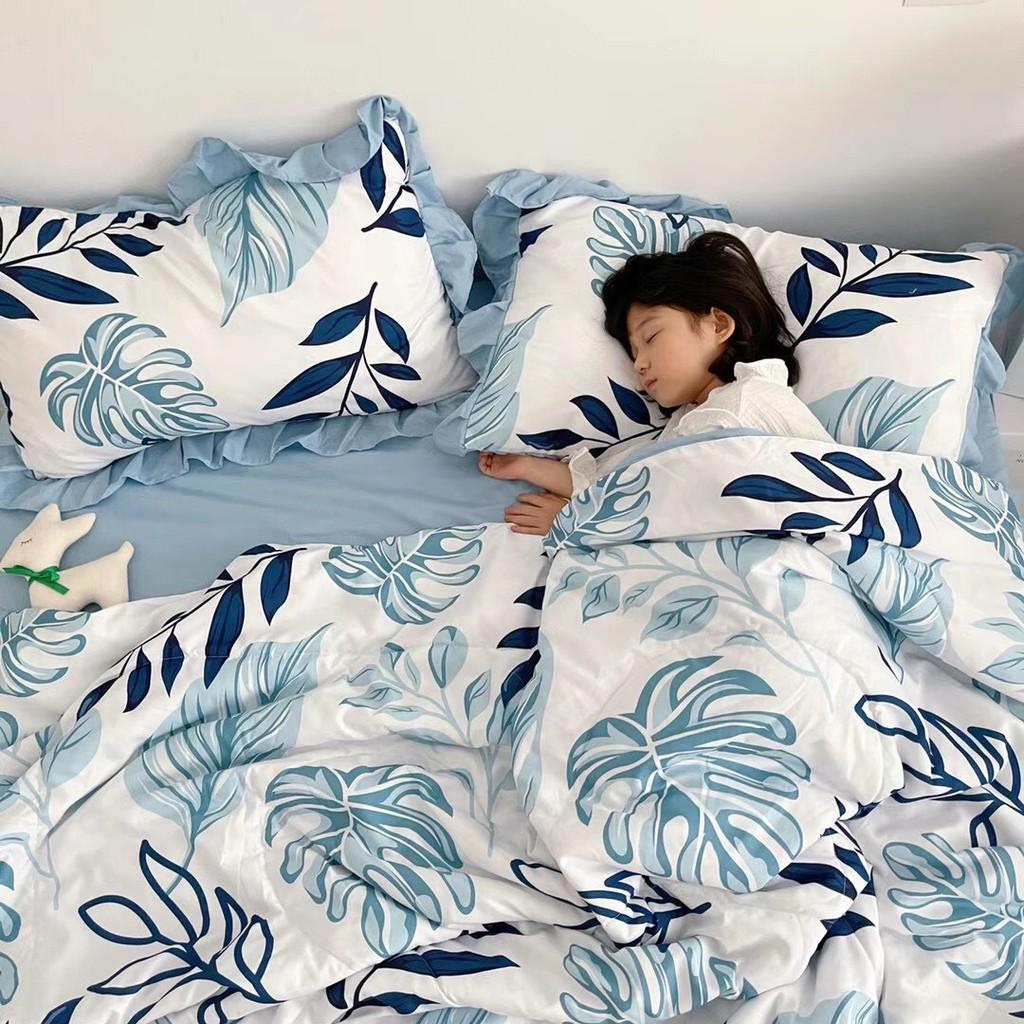 Bộ chăn đũi hè vỏ ga và 2 vỏ gối M2T bedding chăn lót bông thiết kế phối bèo họa tiết lá cọ xanh