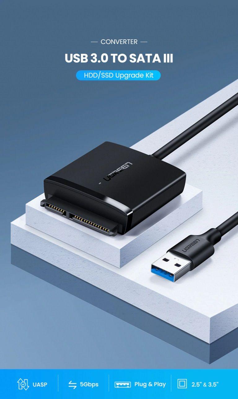 Ugreen UG26013CM257TK Màu Đen Cáp chuyển USB 3.0 sang Sata 2.5 - 3.5 inch hổ trợ nguồn 12V2A chuẩn cắm EU 60561EU - HÀNG CHÍNH HÃNG