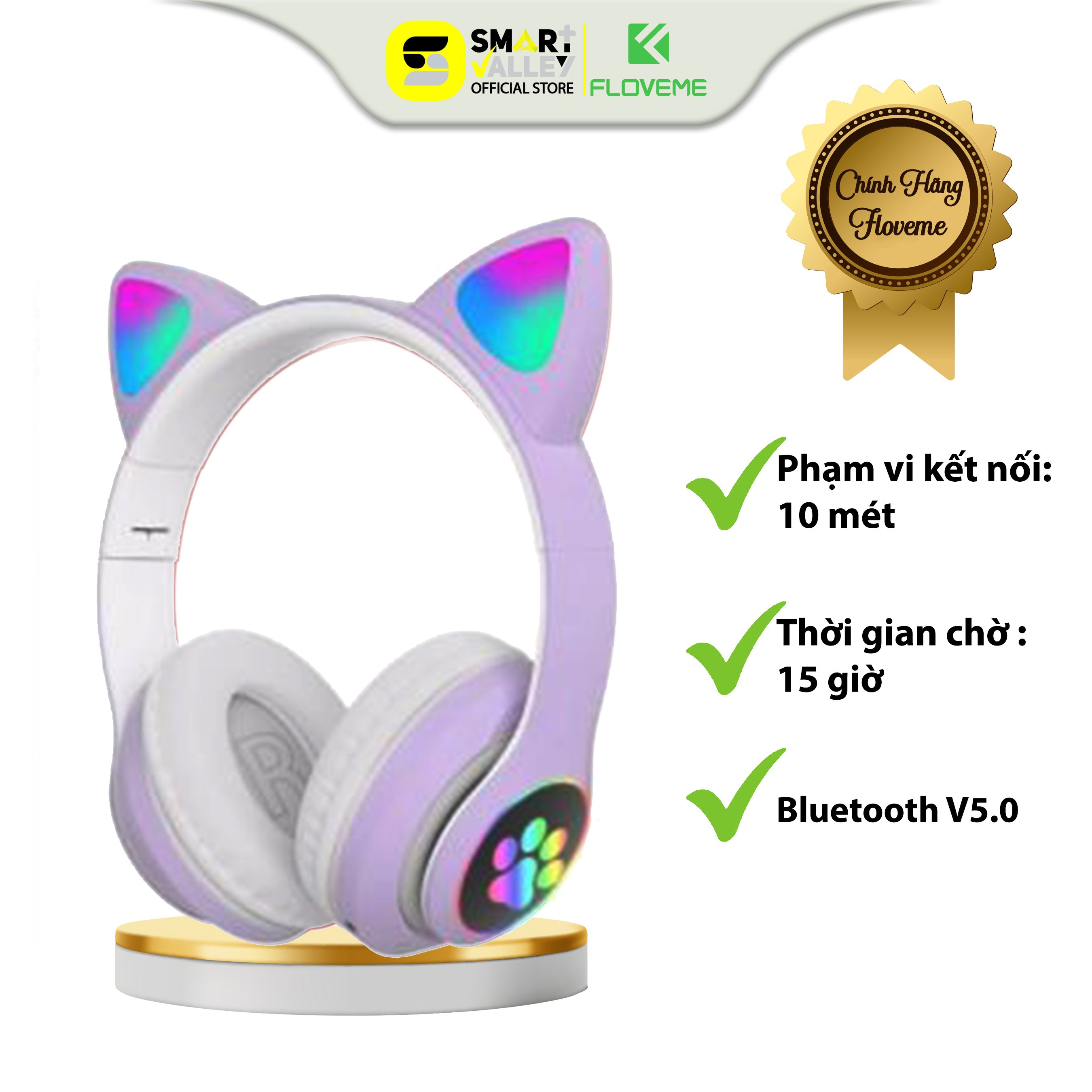 Tai nghe mèo FLOVEME VZV 23M – Thiết kế  dễ thương &amp; Đèn LED nhấp nháy  – Công nghệ âm thanh HIFI - headphone có micro – hỗ trợ điều chỉnh âm lượng  - Hàng chính hãng