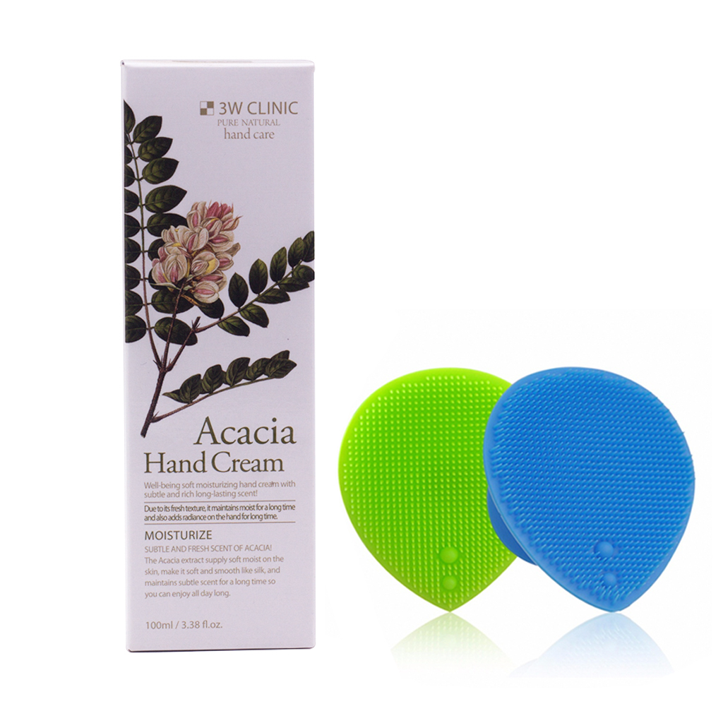 Kem dưỡng da tay thảo mộc Hàn Quốc cao cấp 3W Clinic Acacia Hand Cream (100ml) + Tặng Dụng Cụ Rửa và Massage Mặt Silicon Mềm Dẻo Hàn Quốc Suri Facial Cleansing Fad – Hàng Chính Hãng