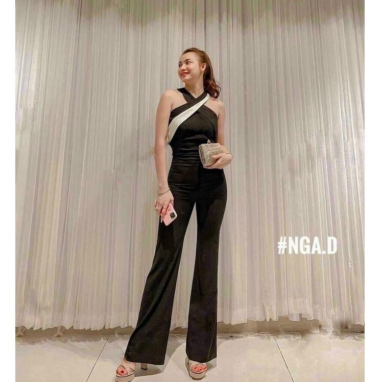 Jumpsuit nữ cổ yếm quần ống rộng phối màu trắng chất liệu umi mẫu có mút ngực 1 màu như hình