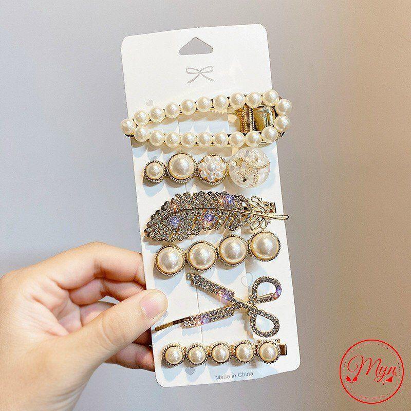 SET KẸP TÓC MẠ VÀNG ĐÍNH NGỌC TRAI NHÂN TẠO 6 MÓN