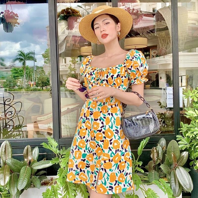 Đầm hoa ngắn chữ A thắt nơ ngực - Audrey Studio