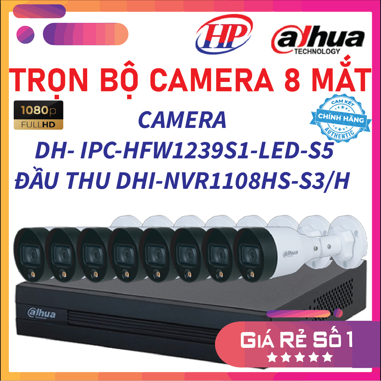 Trọn bộ 8 Camera IP Full Color 2MP DAHUA DH-IPC-HFW1239S1-LED-S5 - Đầu thu 8 cổng DHI-NVR1108HS-S3/H đầy đủ phụ kiện, Hàng chính hãng