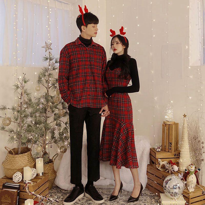Đồ đôi nam nữ Áo cặp váy sơ mi thời trang couple hàn quốc sọc kẻ caro màu đỏ 2 dây đẹp AV32