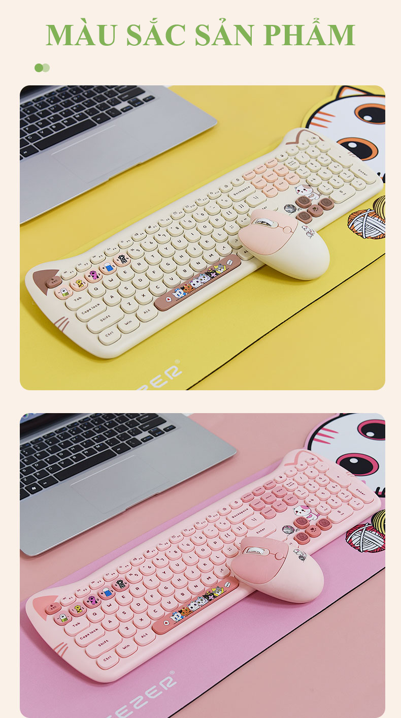 Bộ bàn phím và chuột không dây MOFII KITTY PLUS full size 104 phím với hình dáng tai mèo dễ thương kết nối bằng chip USB - HÀNG CHÍNH HÃNG