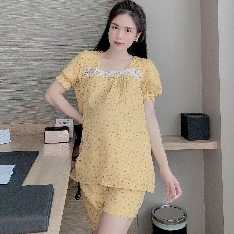 Bộ Bầu Hoa Nhí Cộc Tay Quần Đùi Có Khóa Ti Và Chun Chỉnh Bụng Mùa Hè Thu Cổ Vuông Ren HT4623 Honey Mommy