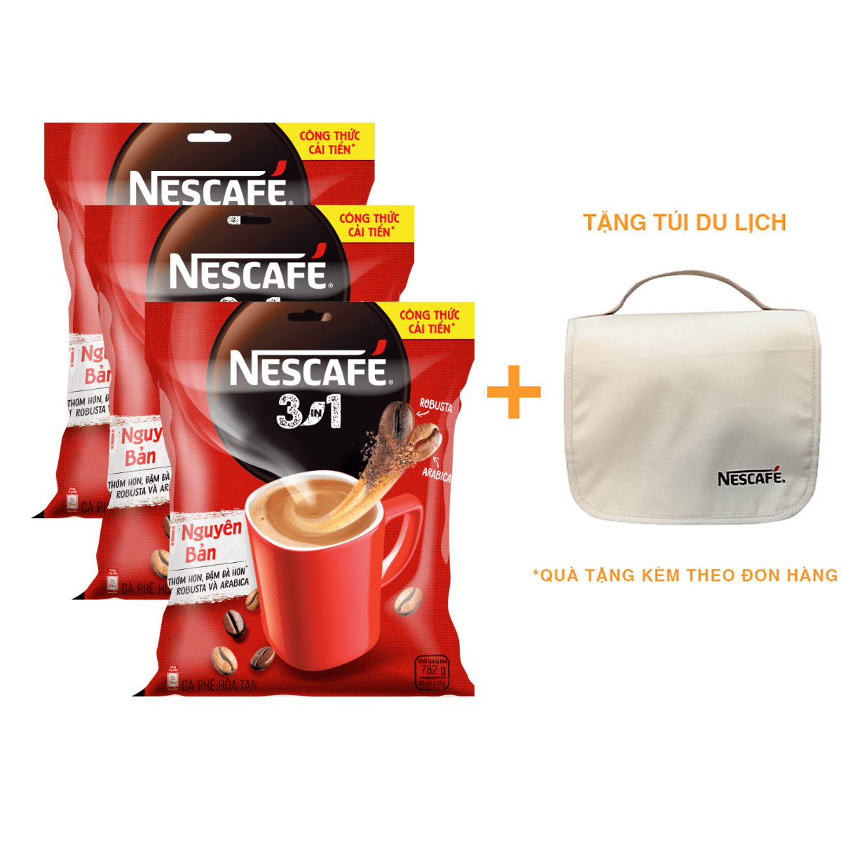 Combo 3 cà phê rang xay hòa tan Nescafé 3in1 đậm đà hài hòa (Bịch 46 gói x 17g) [Tặng túi du lịch đa năng]