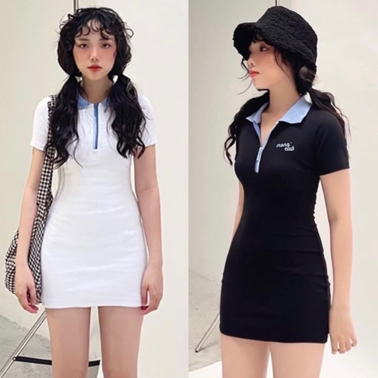 V4- Đầm polo cổ xanh có dây kéo thêu chữ chất thun mịn kiểu dáng trẻ trung nữ tính Hana