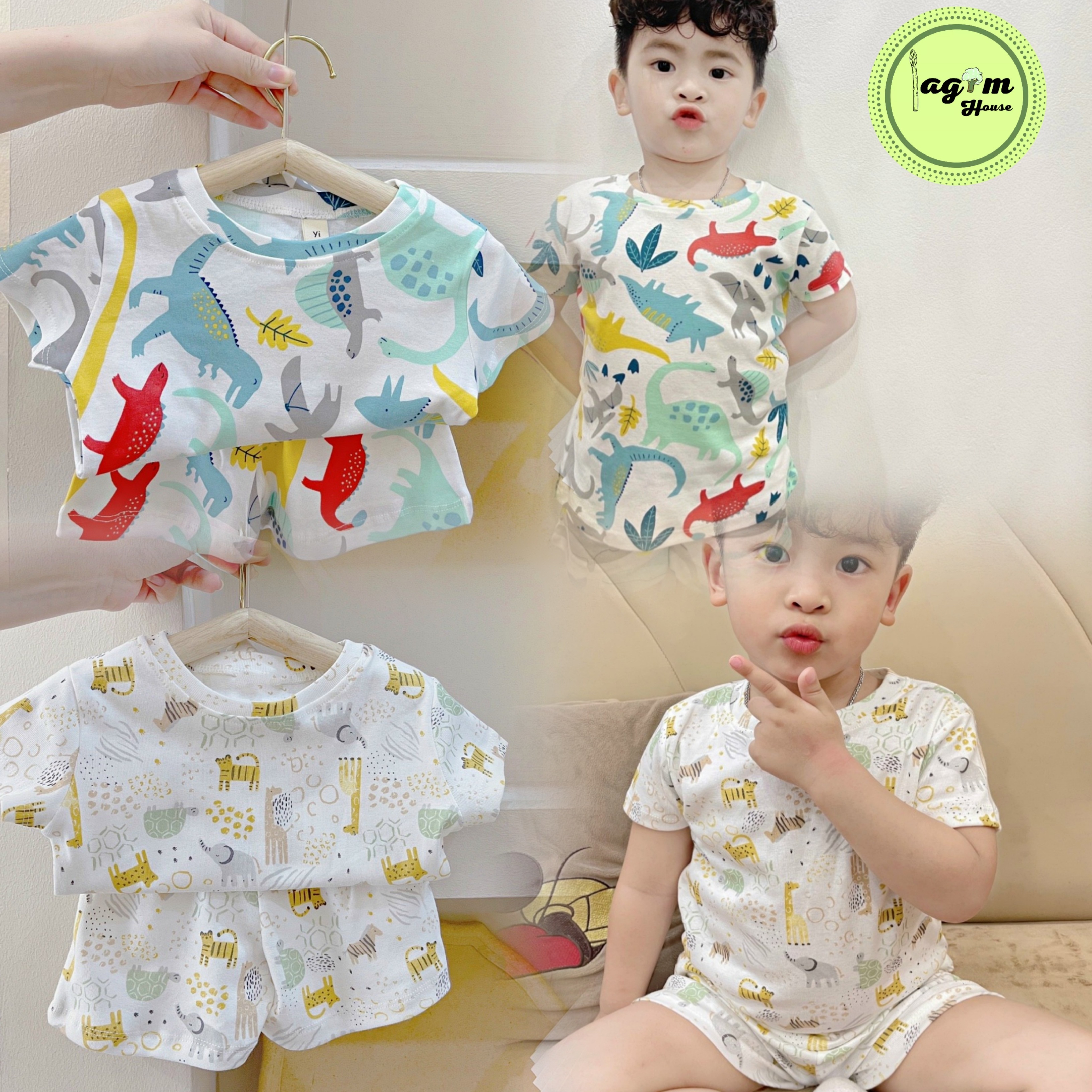 Bộ cộc thun cotton, set bộ mặc mùa hè họa tiết động vật cho bé trai 8kg đến 18kg - Lagim House