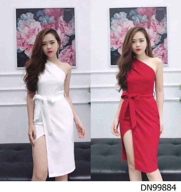 Đầm body lệch vai thắt nơ eo