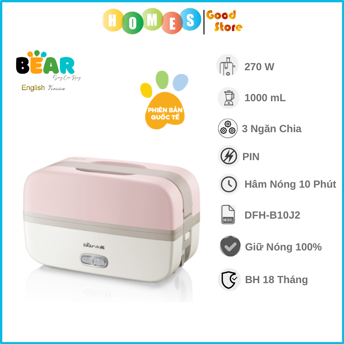 Hộp Cơm Điện Giữ Nhiệt BEAR DFH-B10J2 - Hàng Chính Hãng