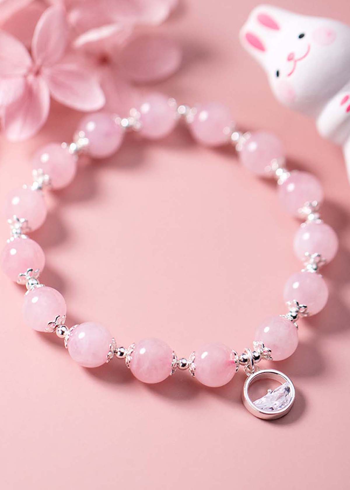 Vòng tay đá thạch anh hồng charm bạc tròn treo mệnh hỏa, thổ - Ngọc Quý Gemstones