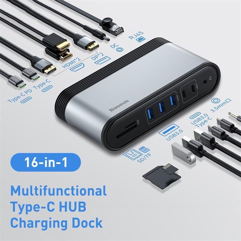 Hub chuyển đổi đa năng 16 trong 1 Baseus Working Station Four-Screen Multifunctional Type-C HUB Adapter (Xuất 4 màn hình) - Hàng Chính Hãng