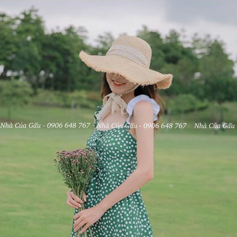 Nón cói rơm dây nơ ren vành xước vintage