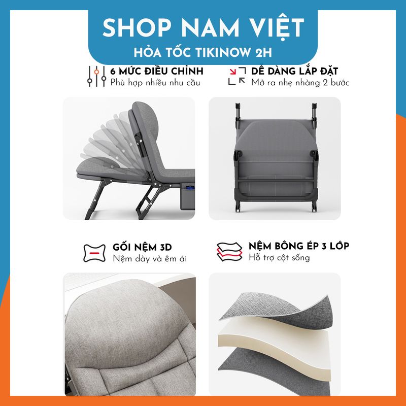 Giường Xếp 3 Chân Cho Văn Phòng, Du Lịch, 6 Mức Điều Chỉnh, Kèm Nệm - Chính Hãng NAVIVU