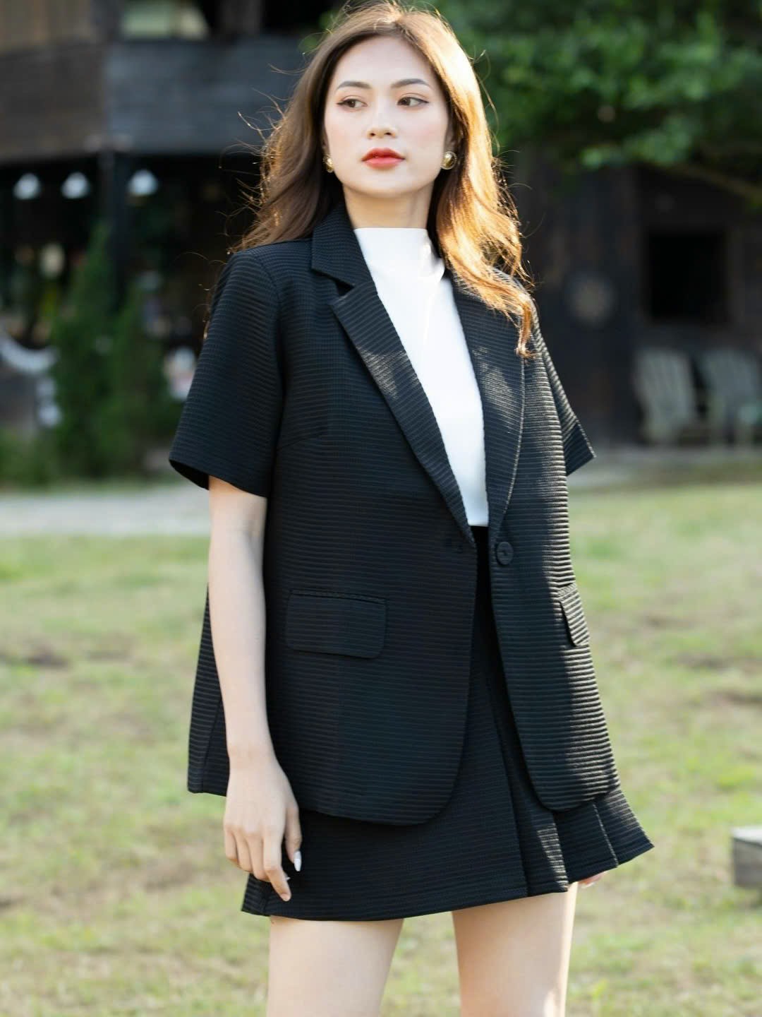 Set áo váy vest đen ngắn tay NGADO , set áo váy Nữ , set vest