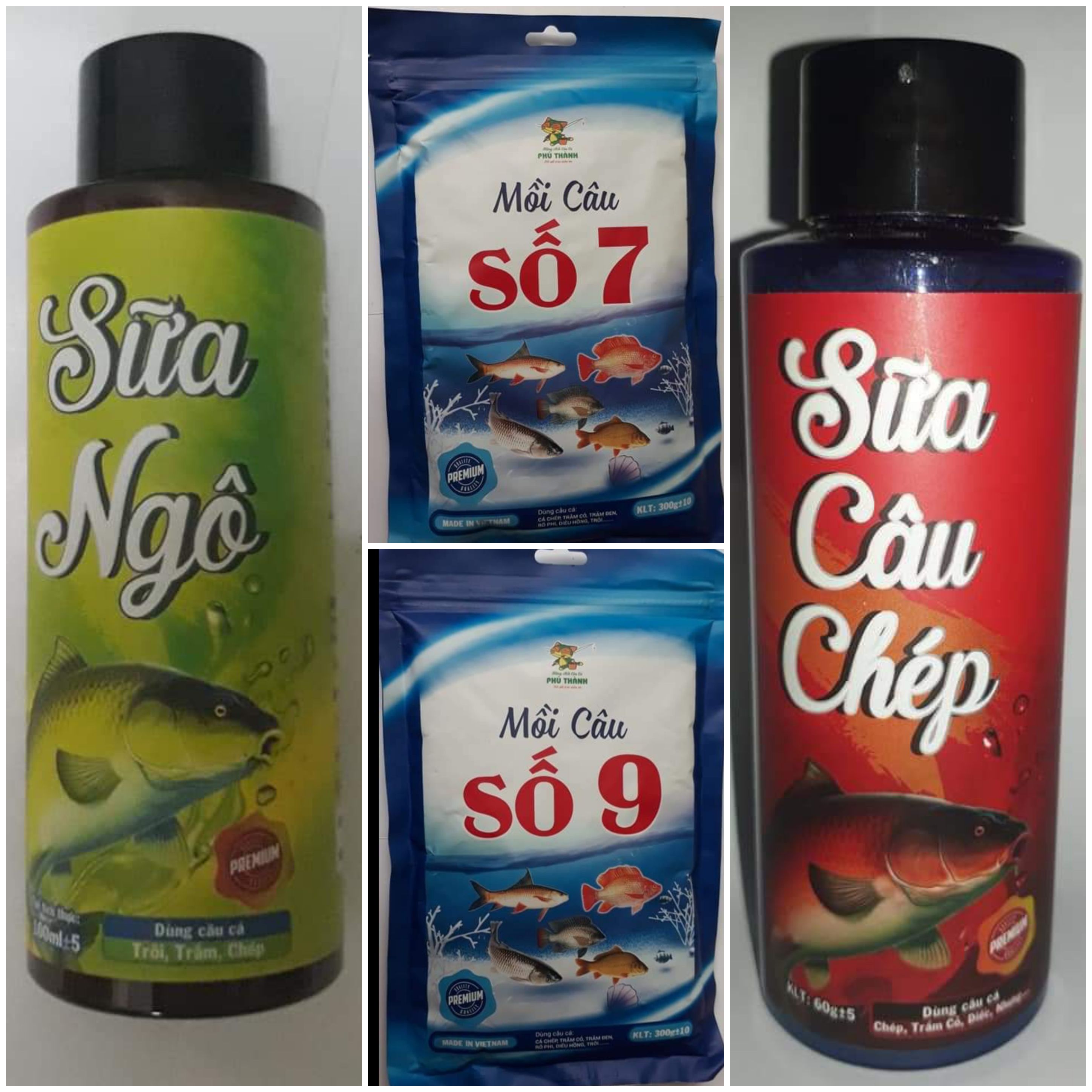 Combo(bài mồi) gồm Mồi Số 7,Số 9,Sữa Câu Chép và Tinh Mùi Sữa Ngô _ Bộ Tứ kết hợp hoàn hảo của Hãng Phú Thành 