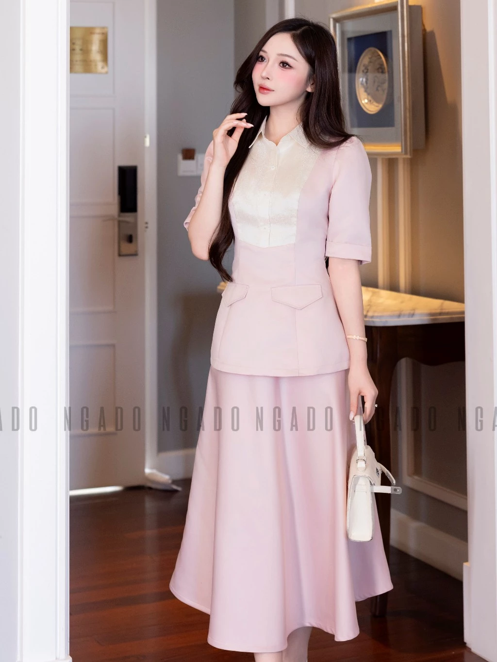 Set áo váy hồng cổ phối trắng NGADO , set áo kèm chân váy xòe , set váy công dở , dự tiệc