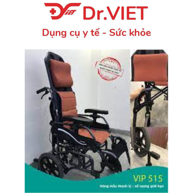 Xe lăn VIP 515 sử dụng công nghệ tilt-in- space giúp thư giãn, giảm loét, chống trượt về trước. Nâng được thành tay, để chuyển người bệnh từ giường  sang xe, không cần bế bổng