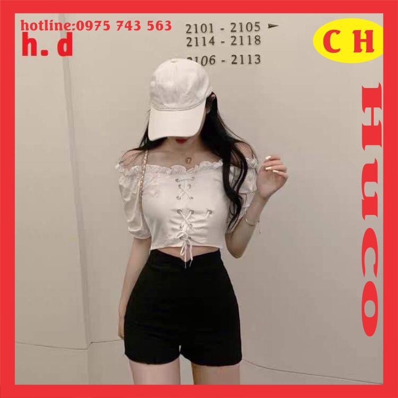 áo croptop trễ vãi nữ, áo croptop kiểu oze tay bồng có dây nơ tiểu thư cá tính, áo hai màu basic dễ phối đồ