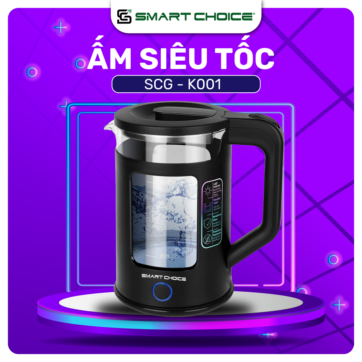 Ấm Siêu Tốc 1.7L SMARTCHOICE SCG-K001, Ấm Đun Siêu Tốc Chịu Lực, Chịu Nhiệt Tốt, Inox 304 An Toàn Cho Sức Khỏe - Hàng Chính Hãng