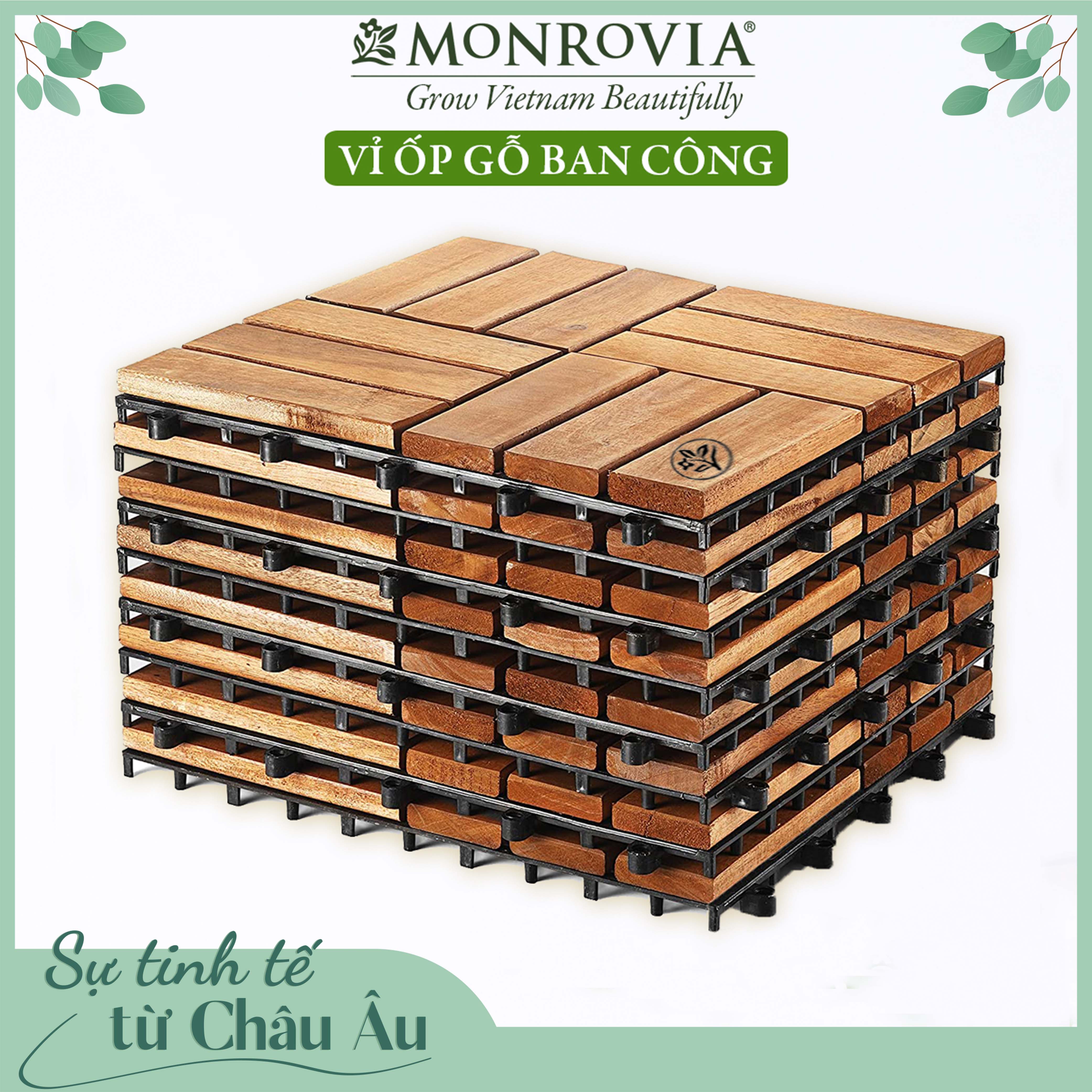 Ván gỗ lót sàn ban công thương hiệu MONROVIA, tiêu chuẩn Châu Âu, 9 Vỉ ốp gỗ lót sàn, vỉ nhựa gỗ lót ban công, ngoài trời, hành lang, sân vườn, hồ bơi, vỉ gỗ tự nhiên 12 nan hoặc 6 nan, siêu bền, chịu nước tốt