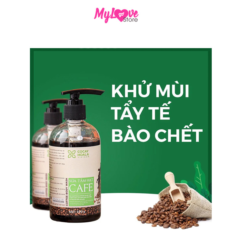 Sữa Tắm Hạt Cafe Khử Mùi Cơ Thể Cocayhoala Sáng Mịn Da - Dưỡng Ẩm - Tẩy Tế Bào Chết - Thư Giãn, Chai 300ml 