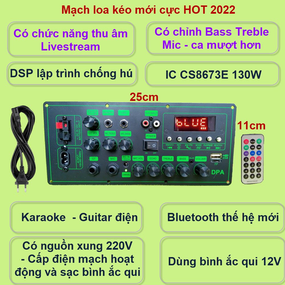 Mạch loa kéo CS8673E 130W, thu âm LIVESTREAM, DSP lập trình chống hú có chỉnh Bass Treble Micro, nguồn xung