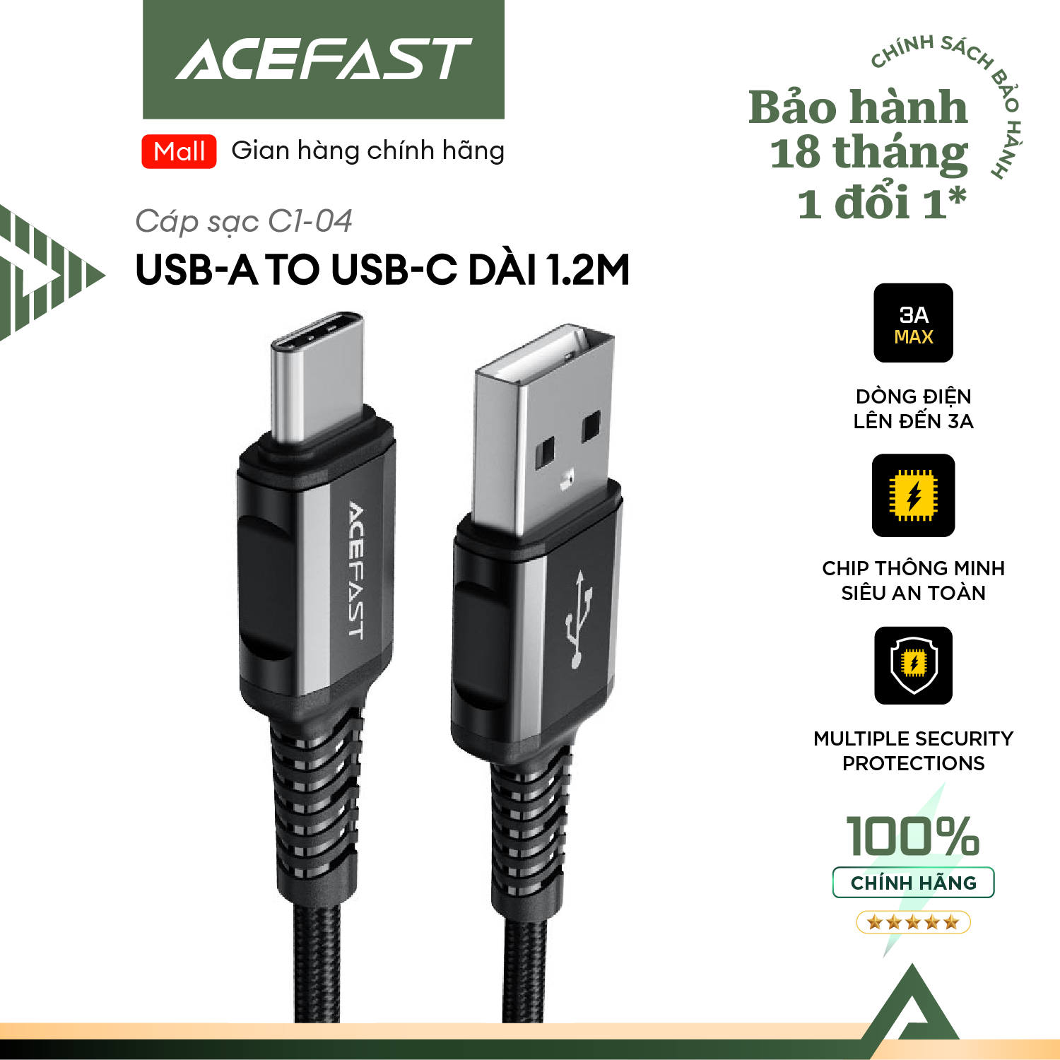 Cáp Acefast Type C (1.2m) - C1-04 Hàng chính hãng Acefast